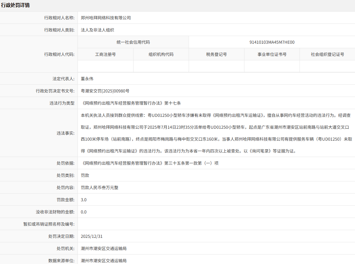潮州粤UD01250、粤U2S302、粤UD07619各罚30000元！